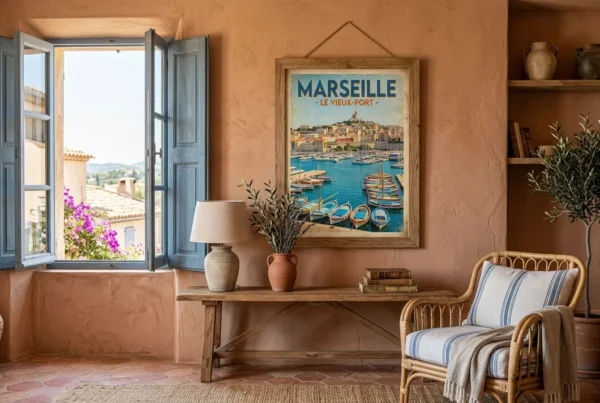 Affiche marseille vintage encadrée dans un intérieur