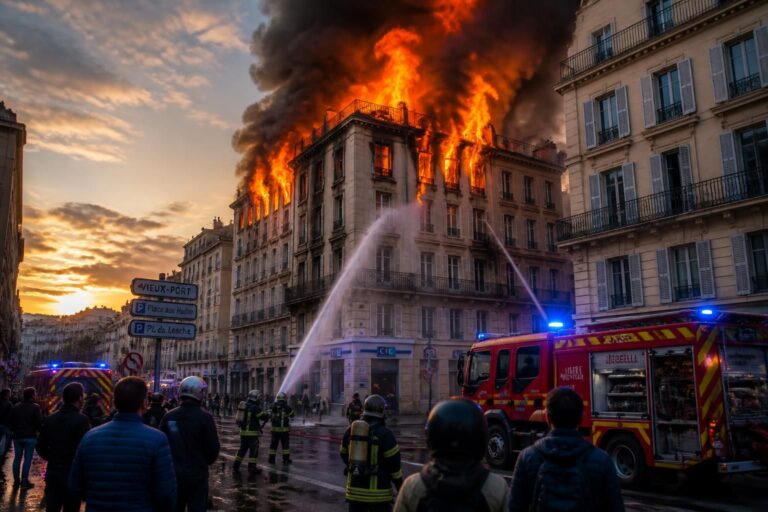 un incendie spectaculaire détruit un immeuble emblématique du centre-ville de marseille en 2026, provoquant évacuations et interventions d'urgence majeures.